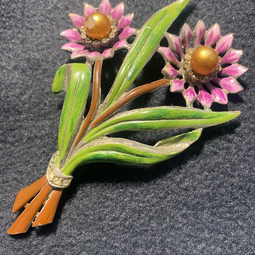 1940’s Coro Enamel Pink and Green Floral Brooch